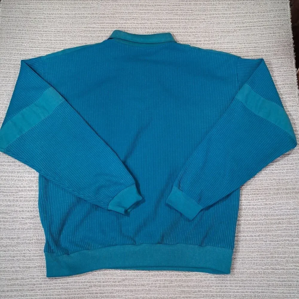 Vintage Knightsbridge Men XL Teal Ribbed Long Sleeve Polo Shirt Sweater 80s 90s